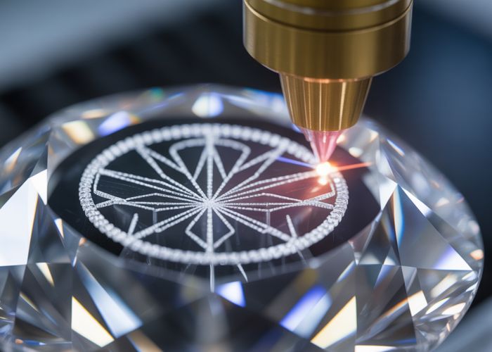 Close-up of a laser cutting a complex design into a diamond, showcasing modern diamond cutting technology.