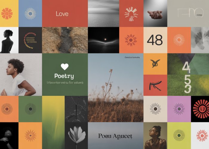 Visually contrasting representations of different poetry themes like love, loss, nature, technology, and social justice, displayed in a mixed media composition.