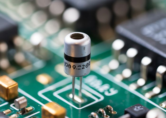 Close-up of a diode showing the positive terminal marking.