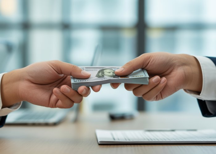 Hands exchanging cash, representing the disbursement of funds.