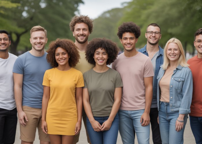 A diverse group of people with varying physical attributes, showcasing different heights, builds, hair colors, and skin tones.