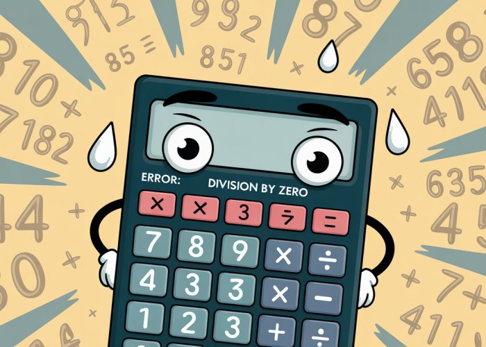 Cartoon calculator displaying 'Error: Division by Zero' with a comical expression.