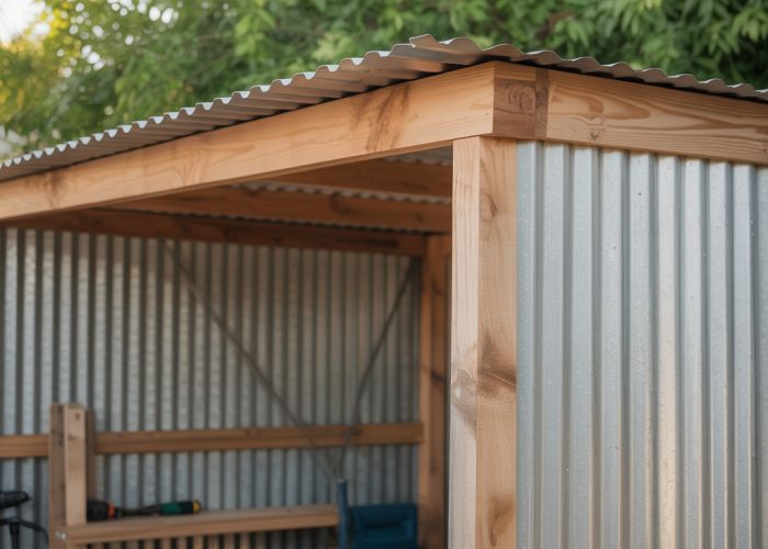 Inexpensive DIY carport made from reclaimed wood and corrugated metal.