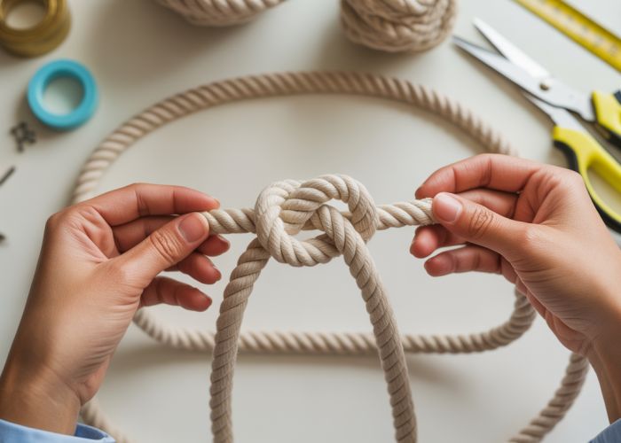 Hands tying a nautical rope belt, DIY tutorial project.