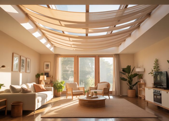 Handmade fabric and wood skylight cover diffusing sunlight in a living room.