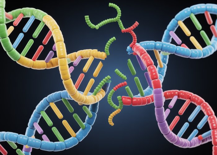 Illustration of DNA helicase enzyme unwinding the DNA double helix.