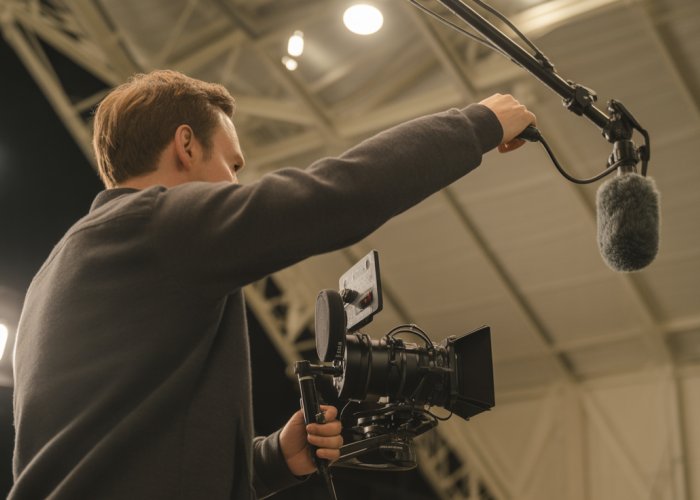 Dolly grip carefully maneuvers a boom microphone on a film set.