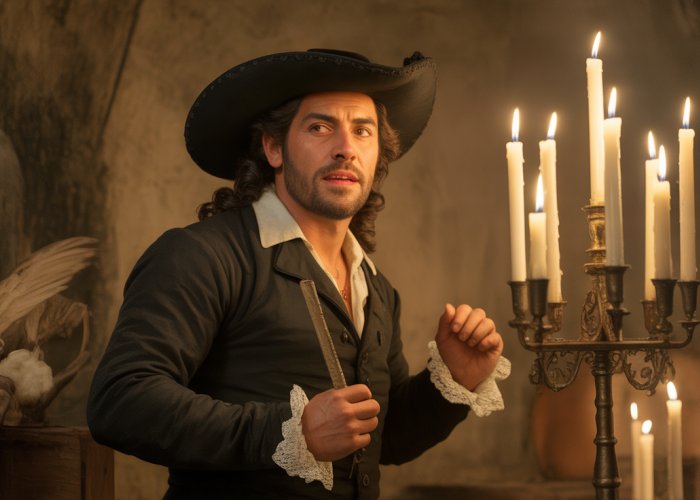 Don Juan Tenorio depicted in a dramatic candlelit scene, capturing his charisma and rebellious spirit.