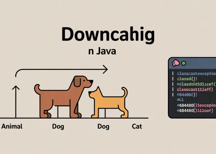 Diagram illustrating downcasting in Java, showing an Animal reference being cast to a Dog reference with potential ClassCastException.