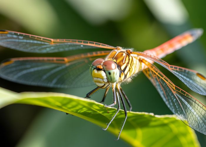 Close-up of a colorful dragonfly with intricate wings perched on a leaf, symbolizing transformation and adaptability.