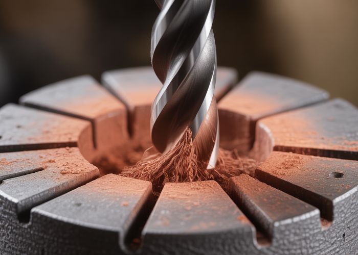 Drill bit smoothly cutting cast iron, producing swarf.