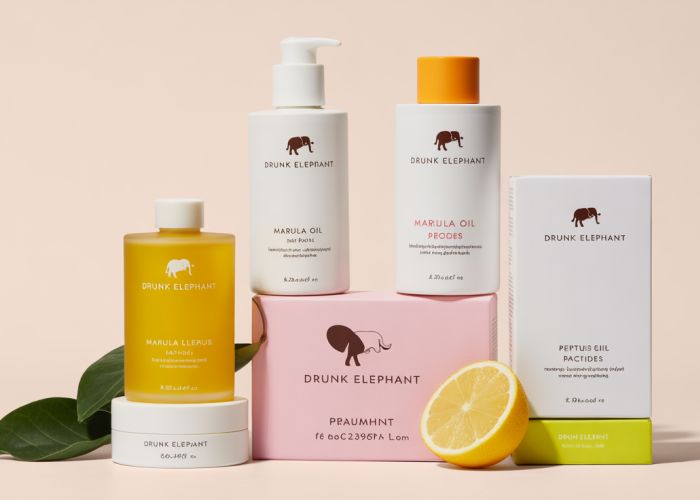 Drunk Elephant skincare products displayed on a clean white surface, highlighting their minimalist packaging and commitment to clean ingredients.
