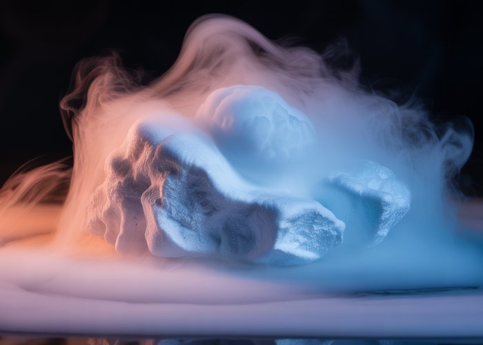 Dry ice sublimating, showing swirling white vapor and remaining solid.