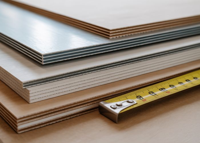 Comparison of drywall thicknesses: 1/4 inch, 3/8 inch, 1/2 inch, and 5/8 inch.