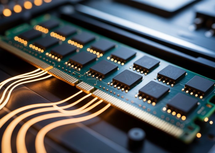 RAM sticks with light tracing the circuitry, representing dynamic video memory allocation.