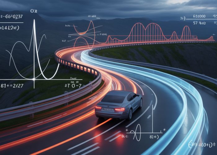 Simulation showing a car driving on a curved road with velocity and acceleration vectors illustrating dynamics curvilinear motion principles.