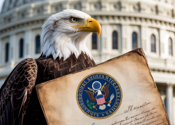 Bald eagle perched on a document with a supreme seal, symbolizing American power and authority.