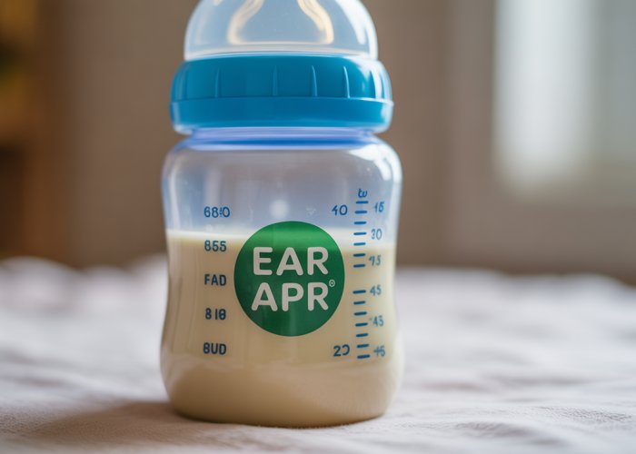 Baby bottle filled with EAR APR formula