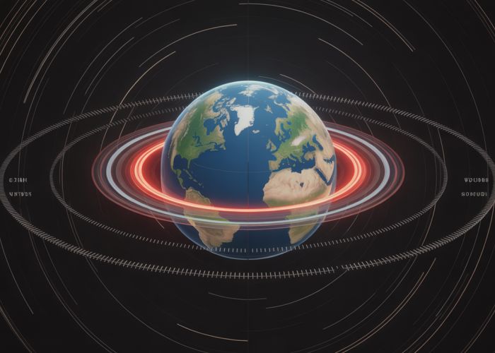 Diagram illustrating Earth's axial precession and nutation, showing the wobble of the Earth's axis and the cyclical changes in its orientation relative to the stars and the sun.