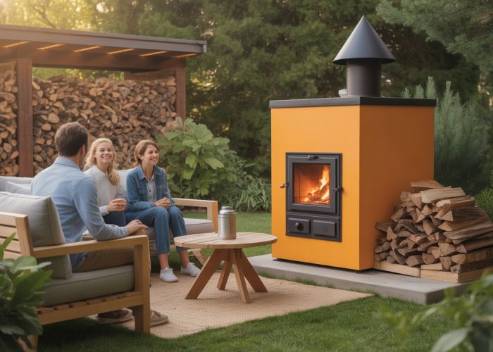 Family enjoying the warmth of an eco-friendly outdoor furnace on a crisp evening.