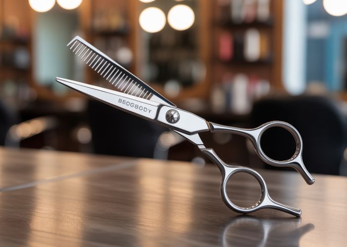 Close-up of edgy hair shears with unique design