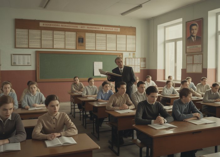 Classroom scene in the Soviet Union under Stalin, featuring students, a teacher, and a portrait of Stalin.