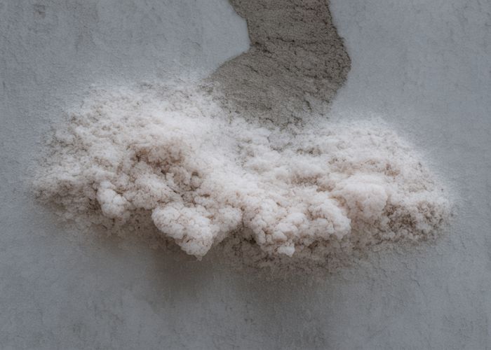 White, powdery efflorescence on a concrete wall, a common sign of moisture issues.