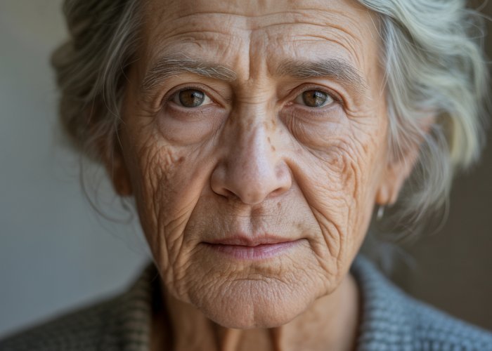 Close-up portrait of an elderly woman with distinctive facial features, including wrinkles, a prominent nose, and age spots.