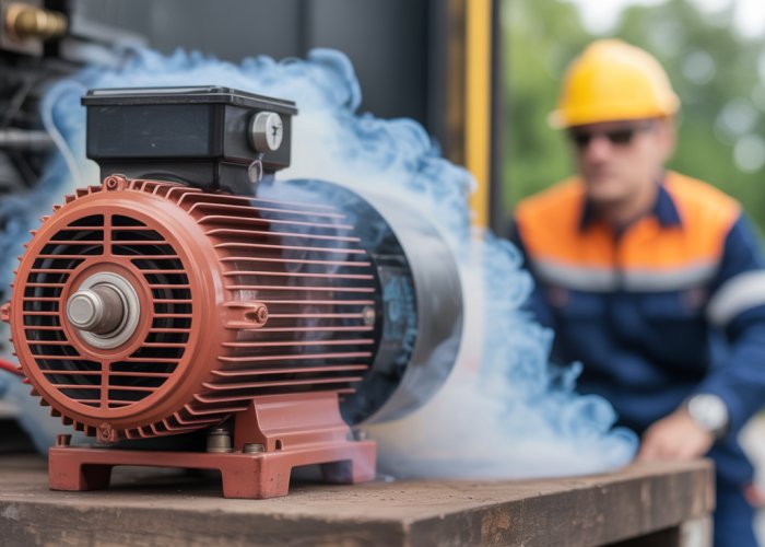 Overheated electric motor smoking with maintenance technician looking concerned.