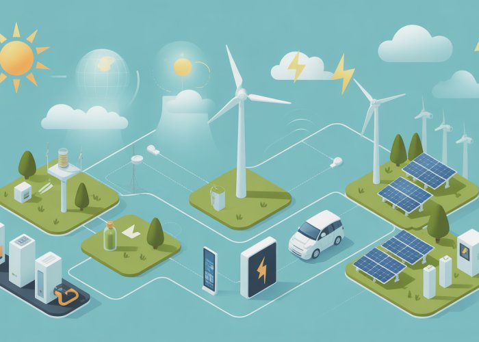 Smart grid illustration showcasing electric power optimization with renewable energy sources and efficient energy management.