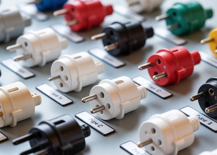 Comparison of different electrical plug types from around the world, including Type A, Type C, Type G, and others.