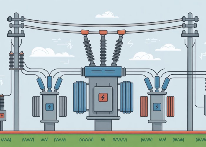 Electrical substation diagram showing transformers, circuit breakers, busbars, and grounding system details.