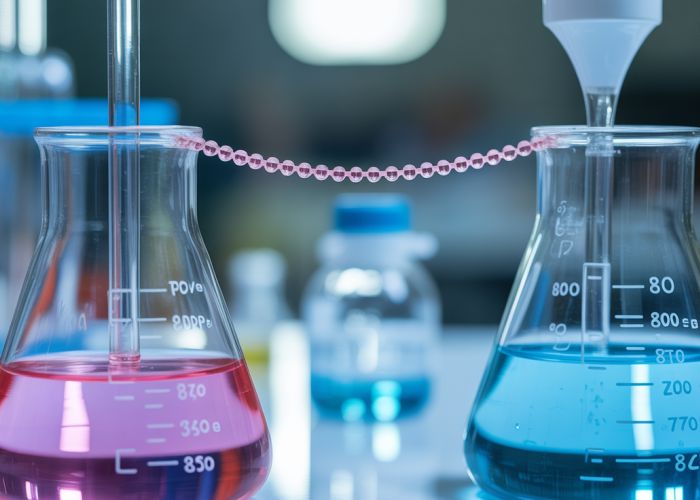 Salt bridge connecting two beakers in an electrochemistry experiment.