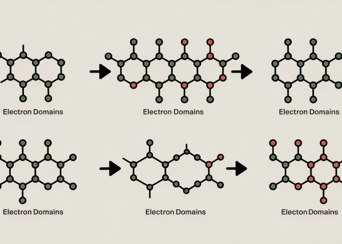 Visual representation of electron domains around central atoms, illustrating how electron domain geometry influences molecular shape. Examples include linear, trigonal planar, tetrahedral, trigonal bipyramidal, and octahedral electron domain geometries.