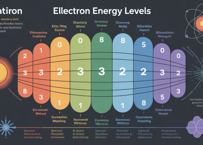 Infographic illustrating electron energy levels in atoms, energy transitions, and photon emission.