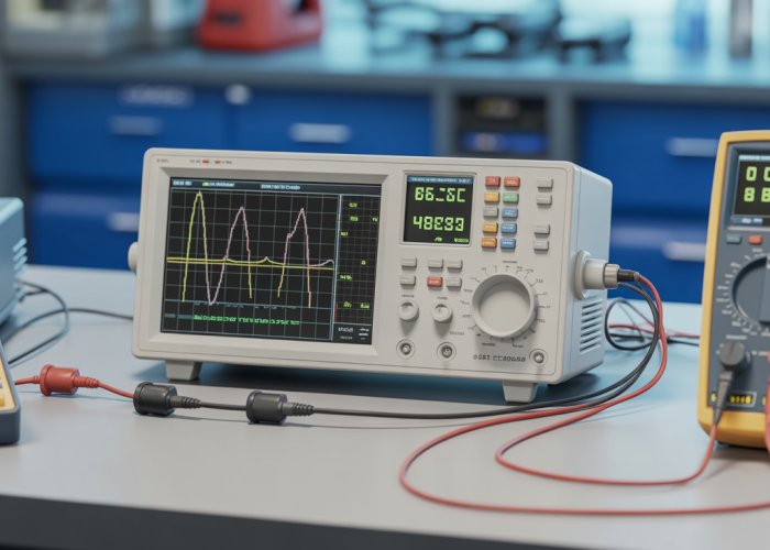 Electronic test bench with oscilloscope, multimeter, signal generator, and power supply for electronics development and testing.