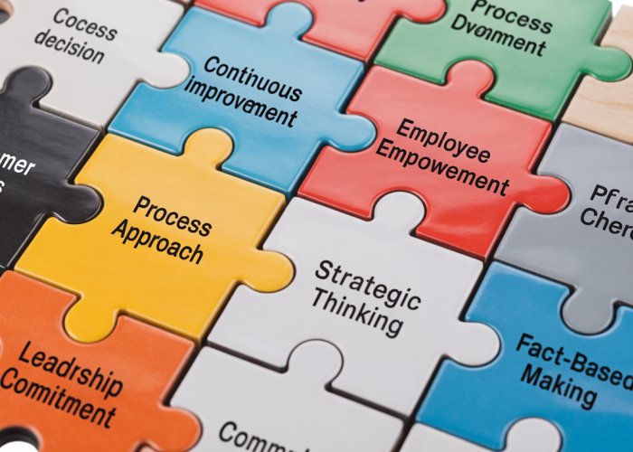 Interlocking puzzle pieces representing the key elements of Total Quality Management (TQM).