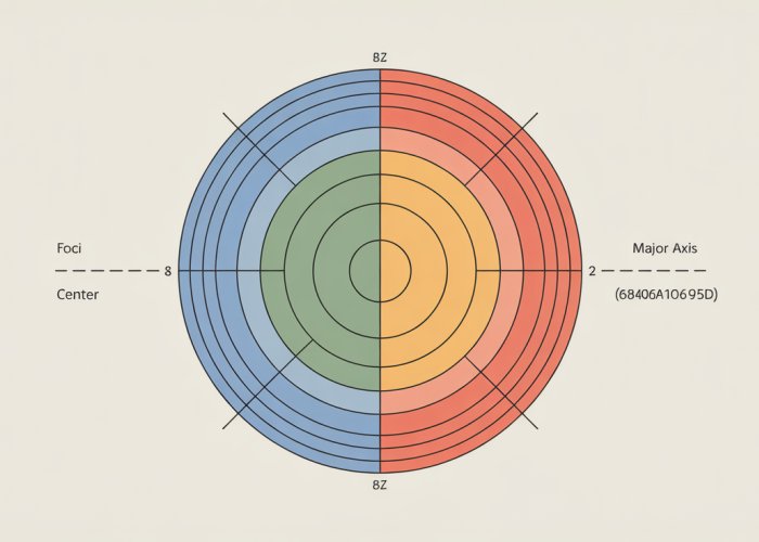 Illustration of an ellipse with labeled foci, major axis, minor axis, and center. Conic section diagram shows how an ellipse is formed from a cone.