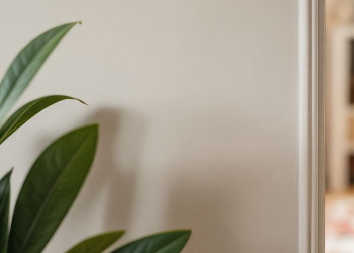 Close-up of a wall painted in Benjamin Moore's Elmira White (OC-16) with a smooth finish and warm undertones.
