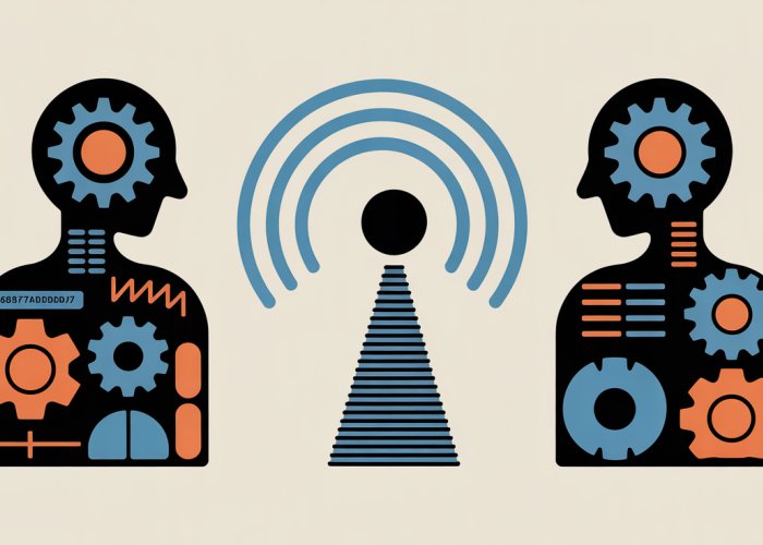Abstract representation of encoding and decoding processes in communication, showing data transformation and transmission.