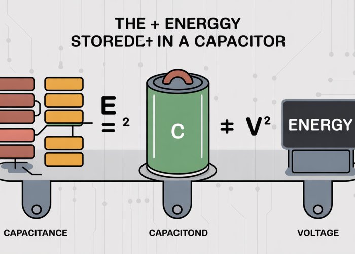 Diagram showing the energy capacitor equation: E = 1/2 * C * V^2. Capacitance (C) in Farads, Voltage (V) in Volts, and Energy (E) in Joules are clearly labeled on a simple circuit diagram.