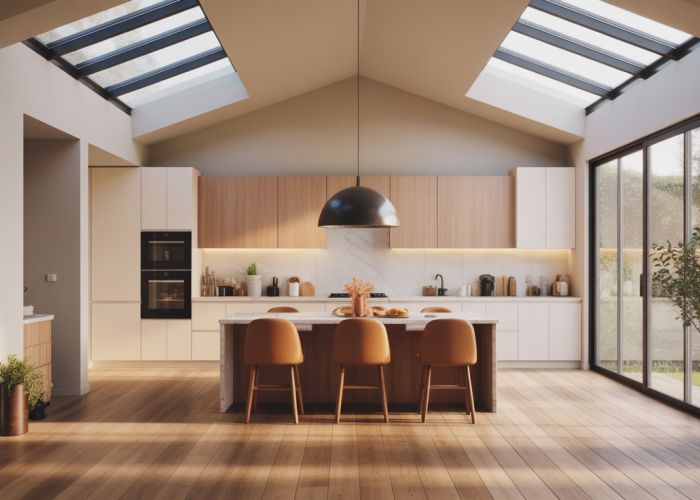 Modern kitchen interior with energy-efficient skylights providing natural light and ventilation.