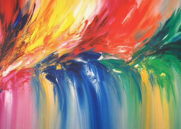 Abstract painting with swirling reds, yellows, blues, and greens, conveying energy and movement.