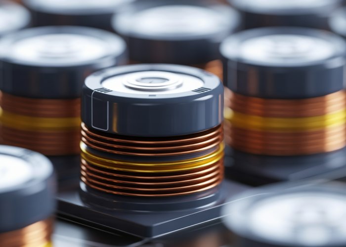 Close-up view of an energy storage capacitor showing its internal layers and construction.