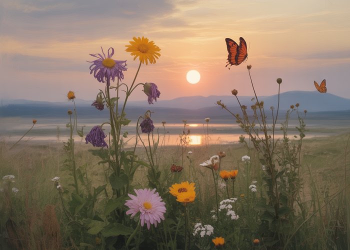 Impressionistic image depicting wilting flowers and butterflies against a setting sun, symbolizing the fragility of life as expressed in the poem 'Ephemeral Echoes'.