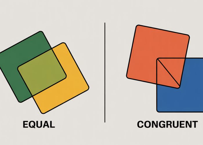 Image illustrating the difference between equal and congruent squares. Equal squares overlap perfectly. Congruent squares are identical but may be oriented differently.