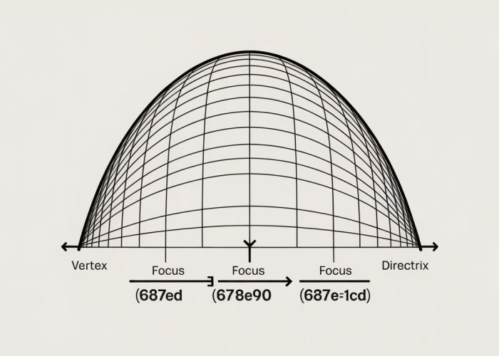 Parabola graph showing vertex, focus, directrix, and the equation of a parabola.