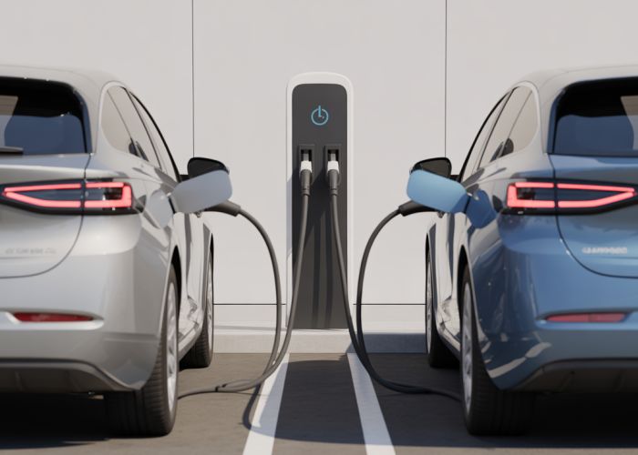 Two electric vehicles co-charging at a public charging station.