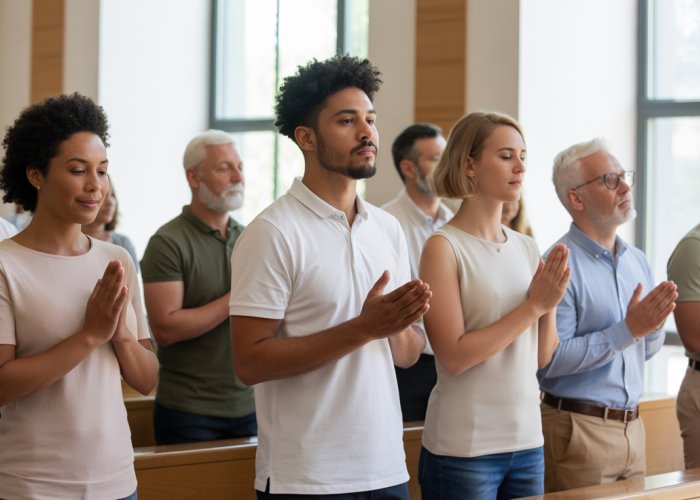 Group of diverse people praying together in a modern evangelical Protestant church.