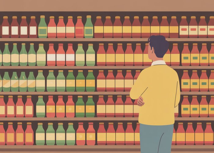 Person choosing pasta sauce in a grocery store, illustrating the concept of an evoked set.